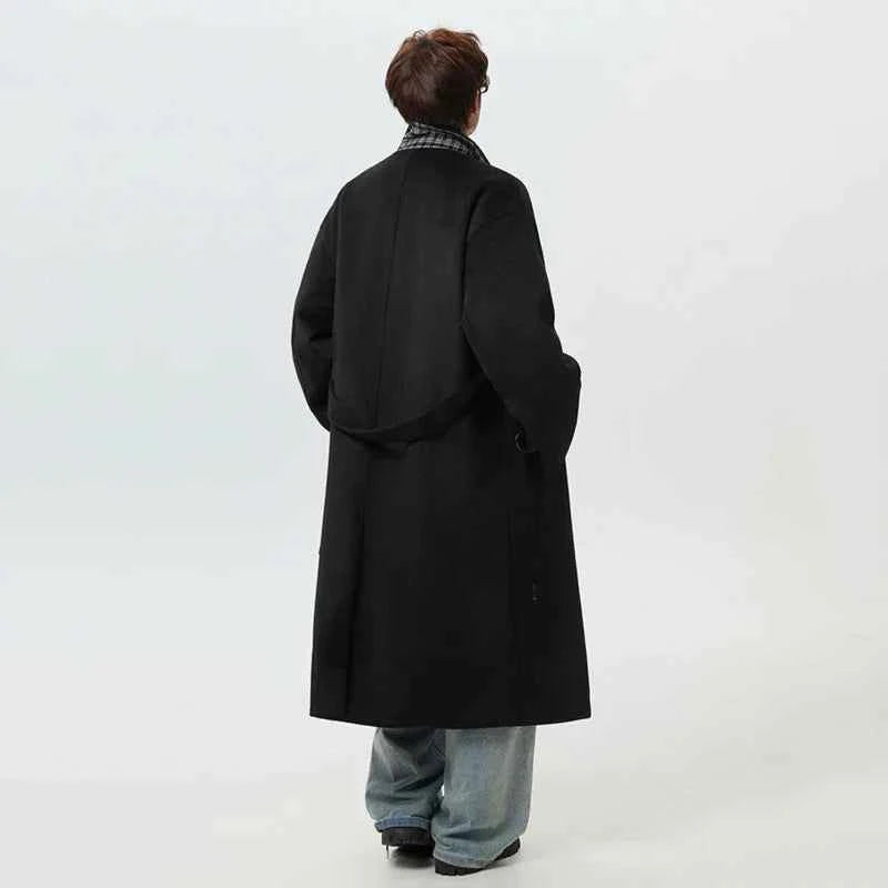 Lightweight Plaid Single Breasted With Belt Woolen Coat