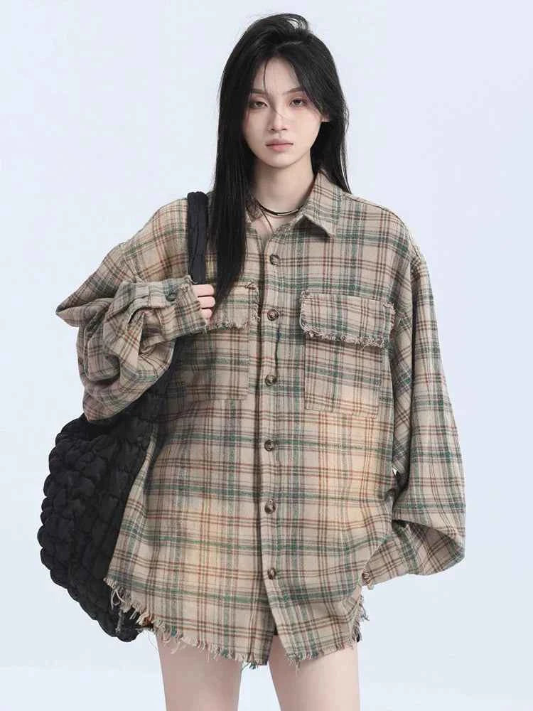 Women Streetwear Vintage Plaid Tassel Long Sleeve Shirt
