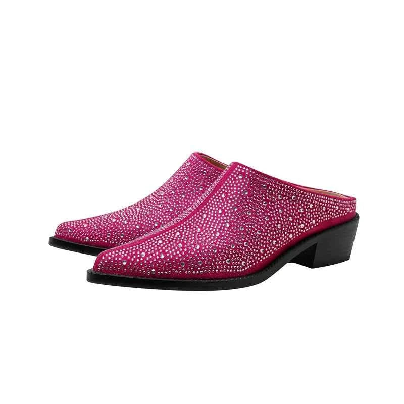 LUW Crystal Pointed Mules - Luxury Rhinestone Baotou Thick-Heel Pumps
