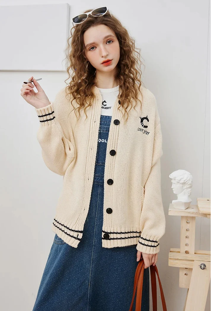 Y2K Minimalist Embroidered Color Block Cardigan - Luxuryurbanwear