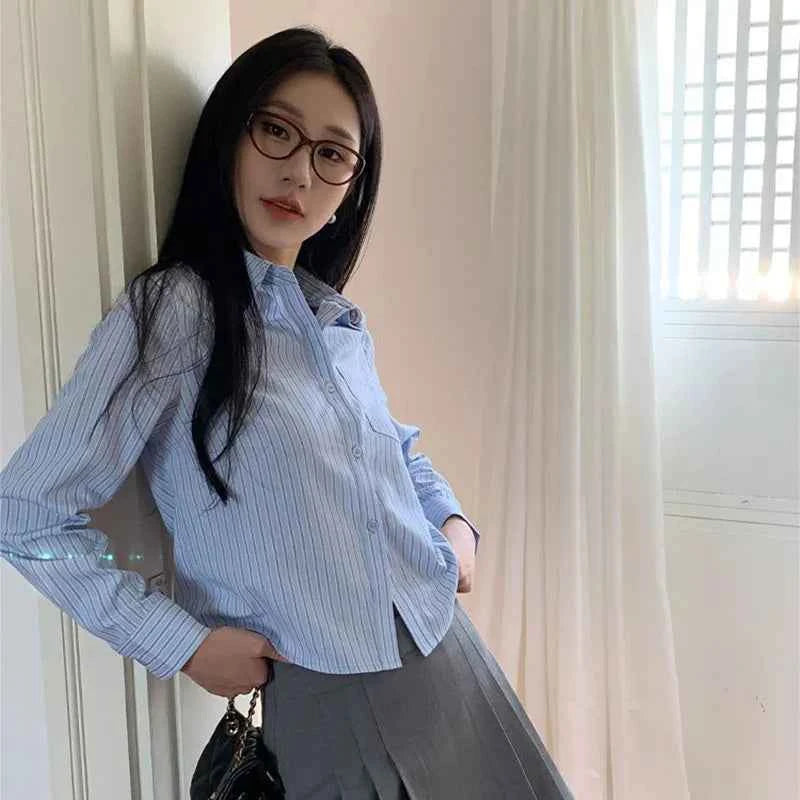 Women Classic Chic Blue Striped Long Sleeve Shirt