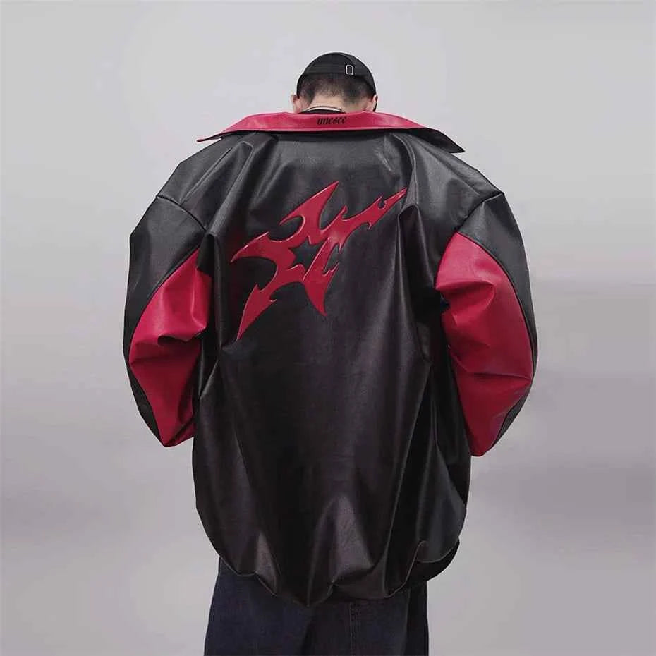 Vintage Print PU Leather Varsity Jacket