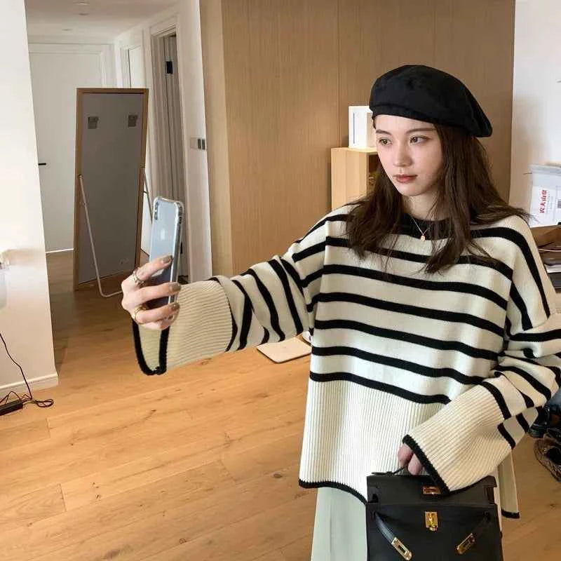 Women Chic Korean Striped Loose Knit Sweater