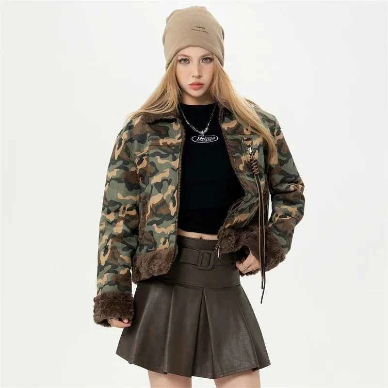 Women Camouflage Short Padded Winter Fur Jacket