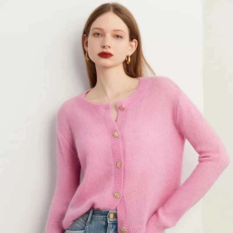 Women Pink French Knitted Button Cardigan