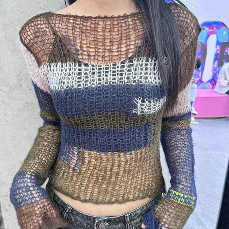 Women Streetwear Striped Hollow Out Sexy Knit Sweater