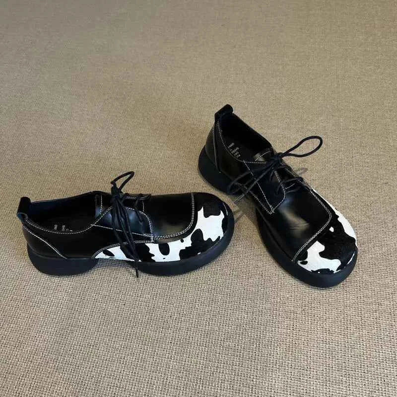 Cowhide Lace-Up Loafers Platform Shoes