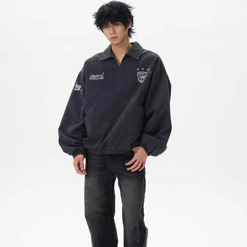 Y2K Letter Print College Style Washed Sports Sweatshirt