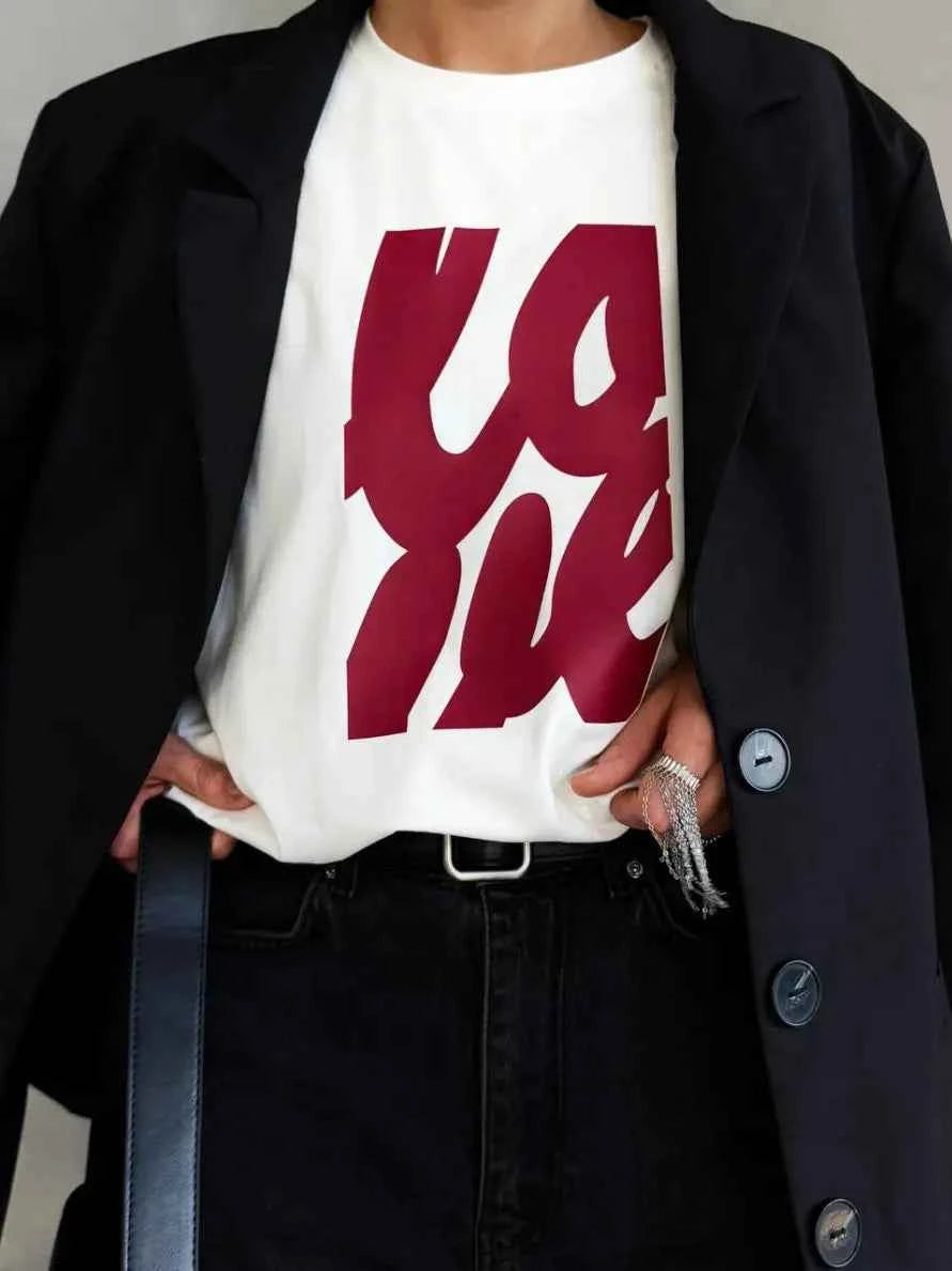 Y2K Russian Style Letter Printed Loose Cotton T-Shirt