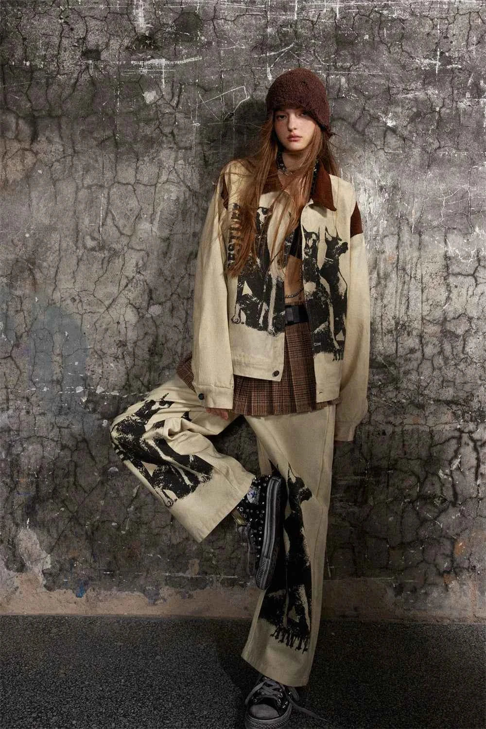 Cozy Distressed Dog Head Graffiti Lapel Jacket