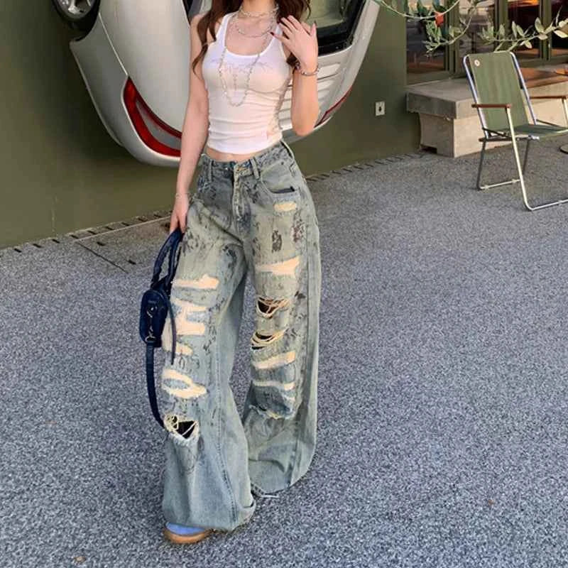 Vintage American Style Low Rise Ripped Jeans