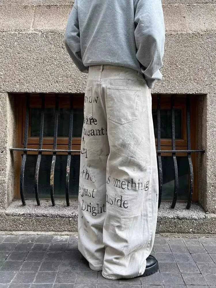 Cyber Y2K Printed White Baggy Jeans
