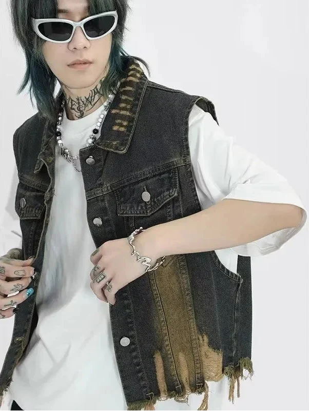 Cowboy Style Distressed Denim Vest - Luxuryurbanwear