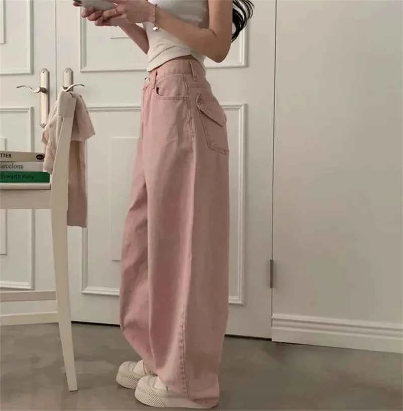 Women Retro High Waist Washed Loose Jeans