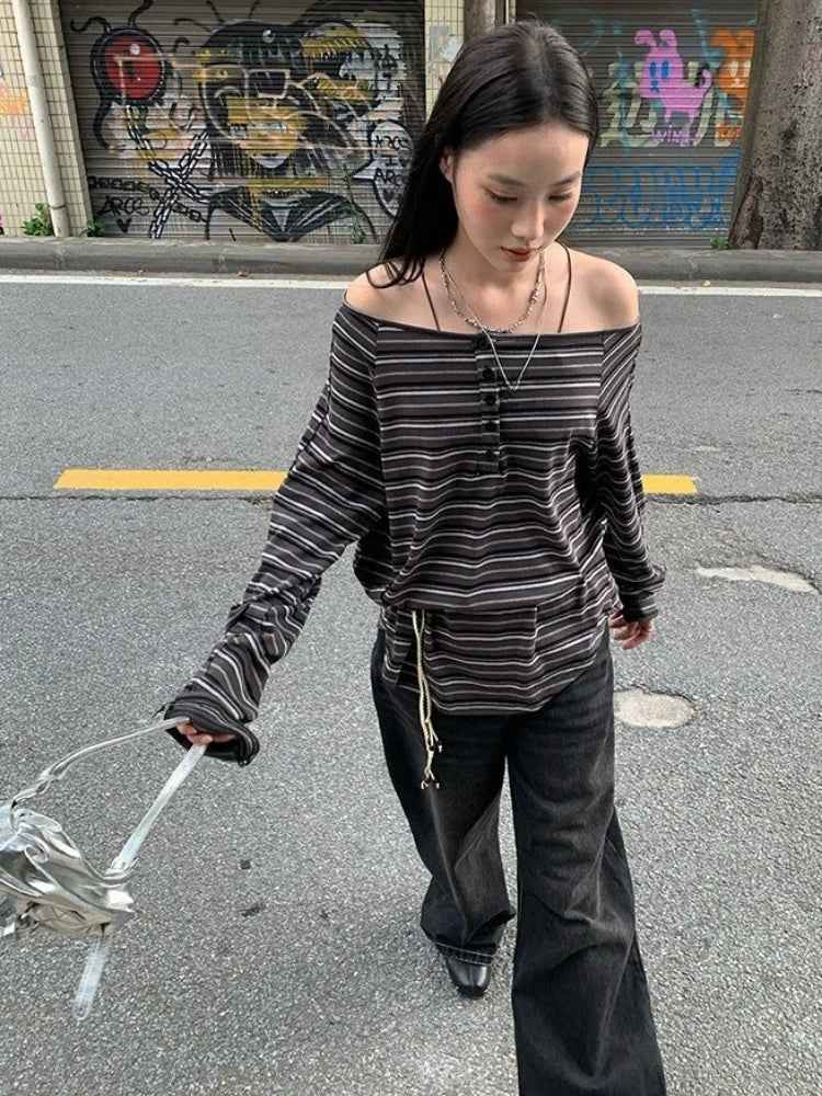 Women Streetwear Vintage Striped Slash Neck Grunge T-Shirt