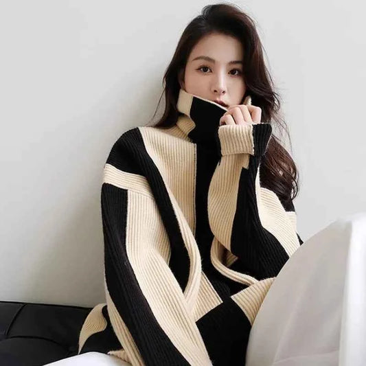 Women Retro Cozy Striped Knit Sweater