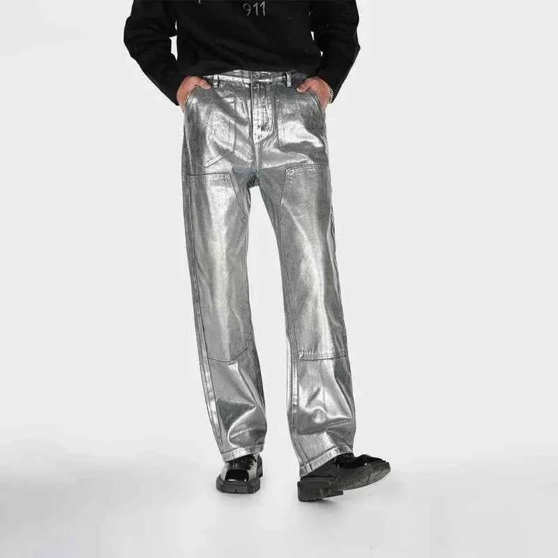 Streetwear Cool Silver Coated Casual Hip Hop Jeans