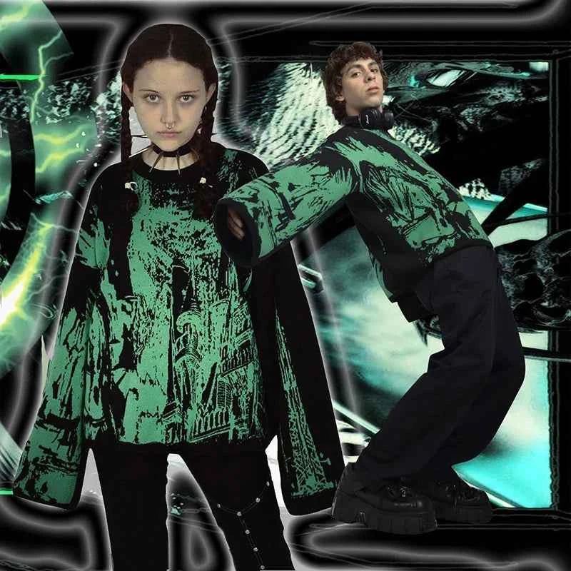 Vintage Green Gothic Style Oversized Knitwear Sweater