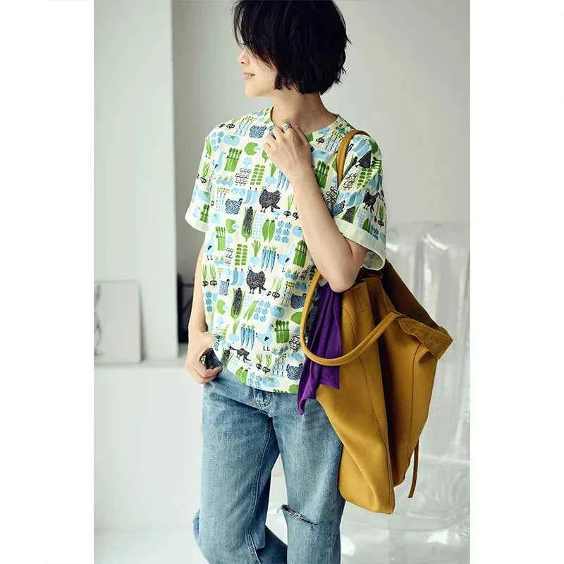 Fresh Literary Style Cartoon Print T-Shirt