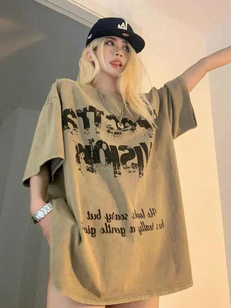 Durable Loose Vintage Letter Print Cotton T-Shirt