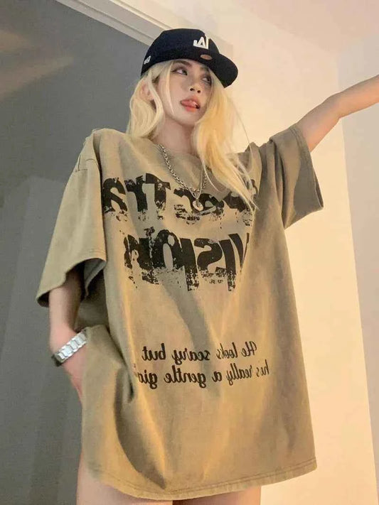 Durable Loose Vintage Letter Print Cotton T-Shirt