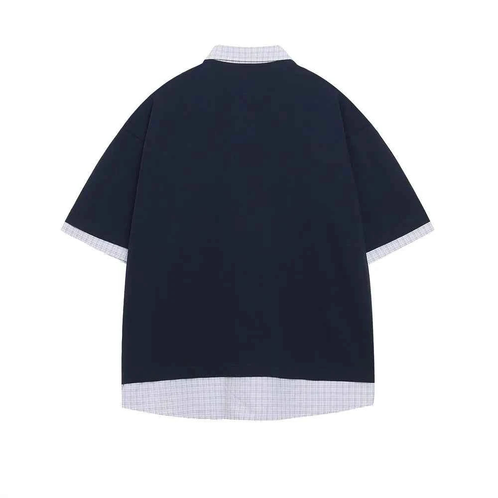 Casual Loose Fit Fake Two-Piece Letter Print Polo T-Shirt