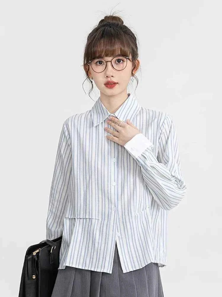 Women Retro Sweet Preppy Style Striped Long Shirt