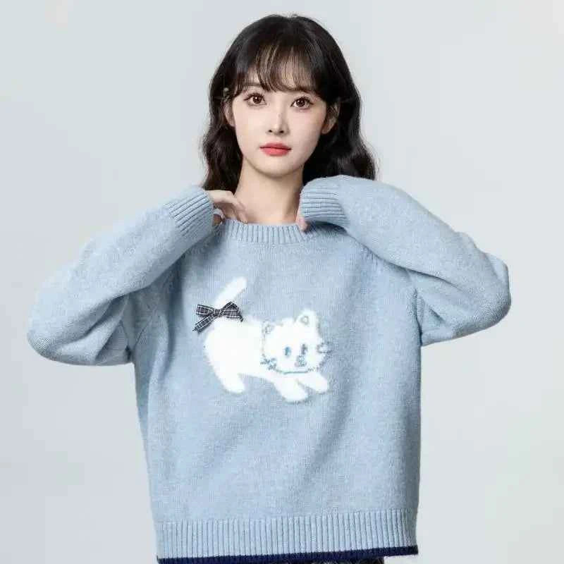 Women Retro Cute Blue Oversize Bow Sweater