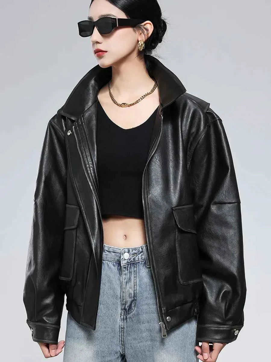 Women Vintage Distressed Brown Leather Jacket