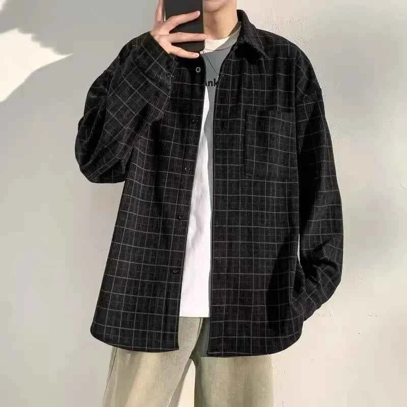 Men's Retro Plaid Hip Hop Corduroy Shirt