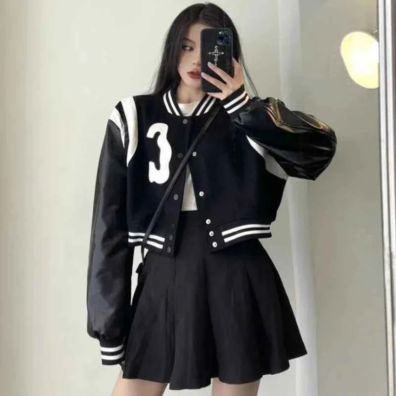 Punk Style Black White Leather Varsity Jacket