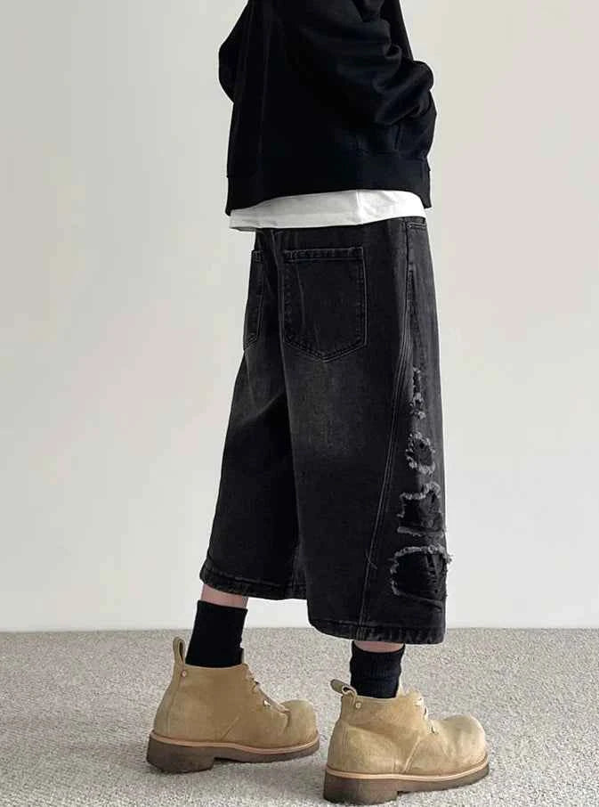 Vintage Aesthetic Black Ripped Loose Denim Jorts