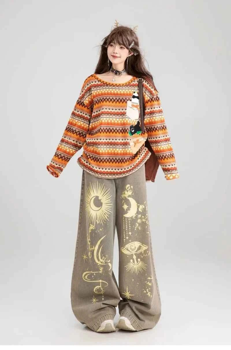 Effortless Graffiti Print Loose Vintage Wide Leg Jeans