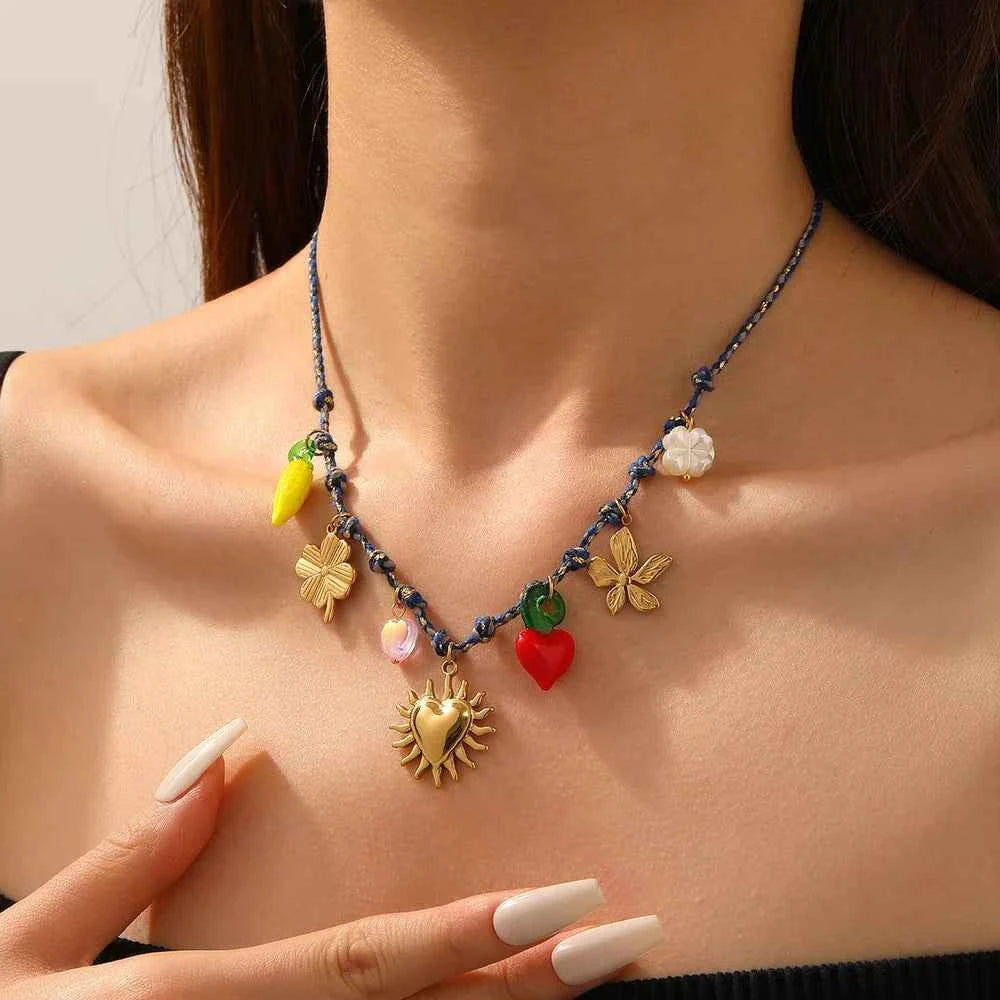 Golden Flower Heart Pearl Pendant Necklace