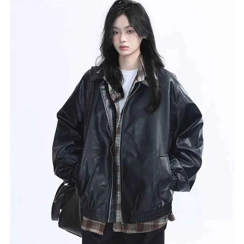 Women Vintage Zipper Faux Leather Jacket