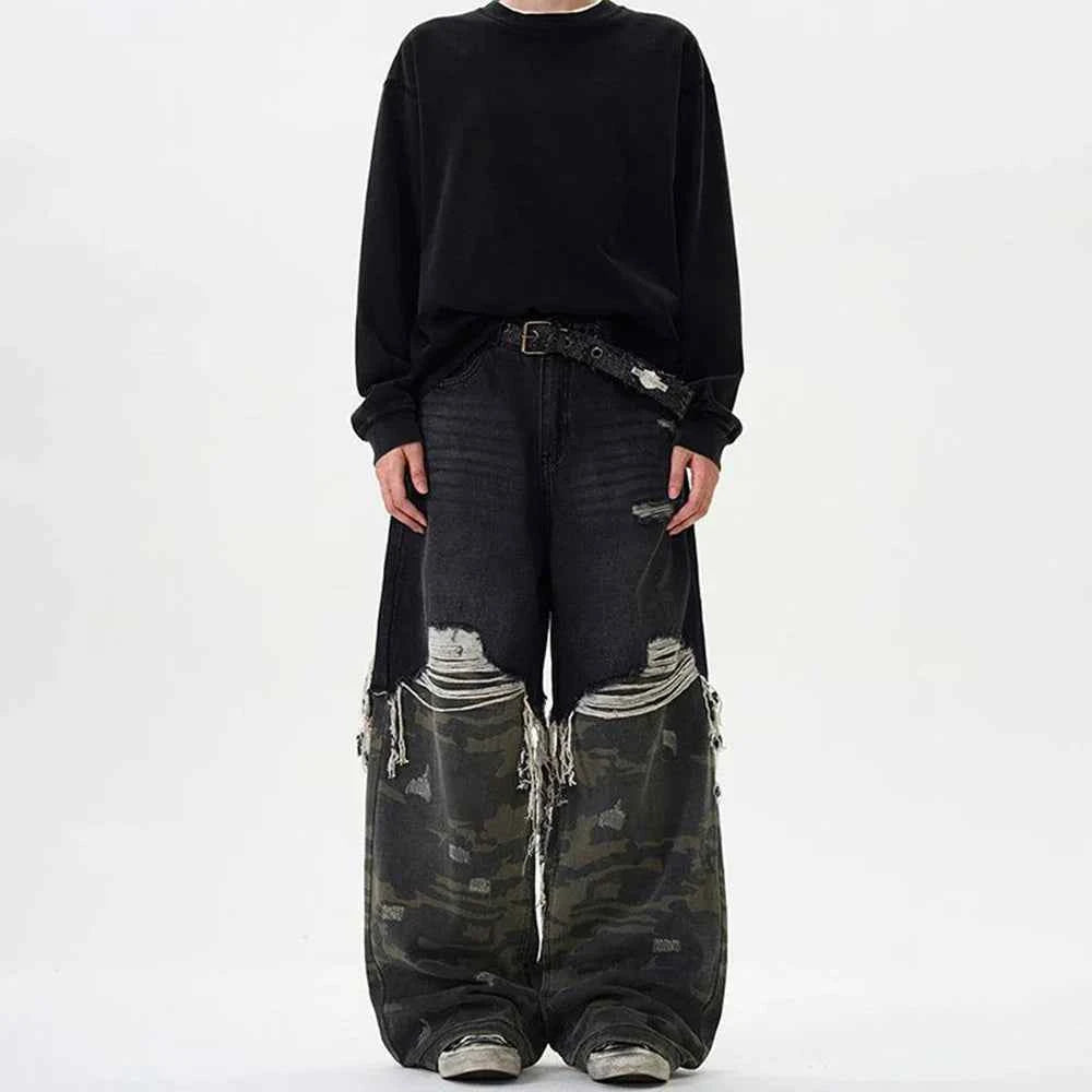 Vintage Camouflage Stitched Baggy Ripped Jeans