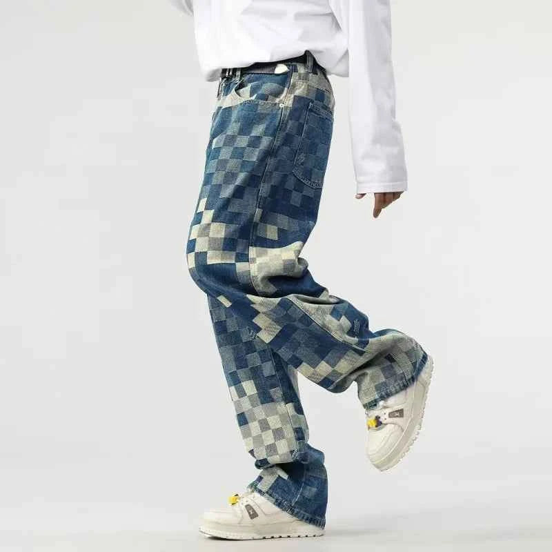Vibrant Mosaic Checkerboard Printed Jeans
