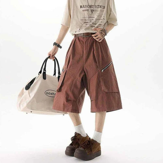 Streetwear Solid Color Wide Leg Workwear Jorts