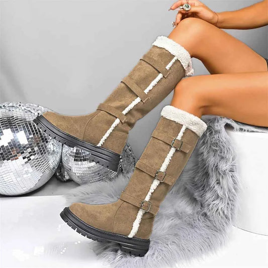 Winter Retro Faux Fur Square Heels Boot