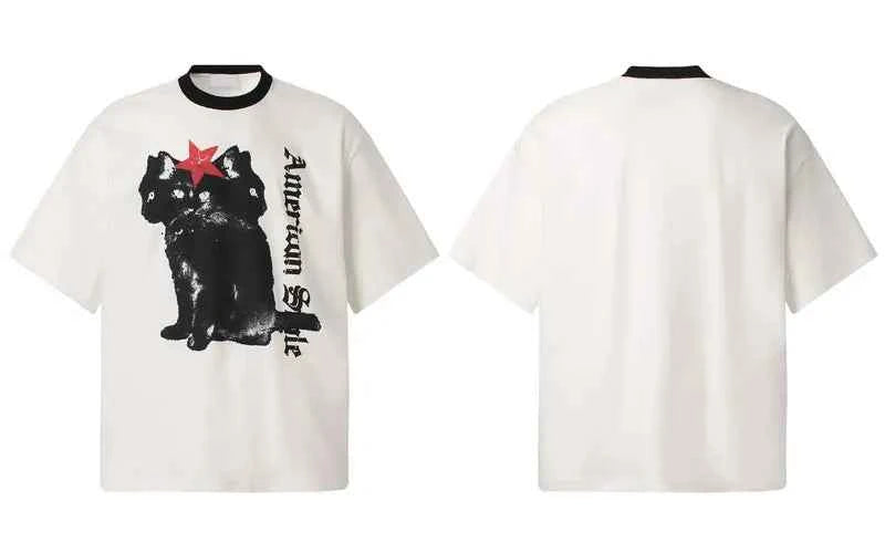Perfect Fit Black Star Graphic Cat Print Cotton T-Shirt