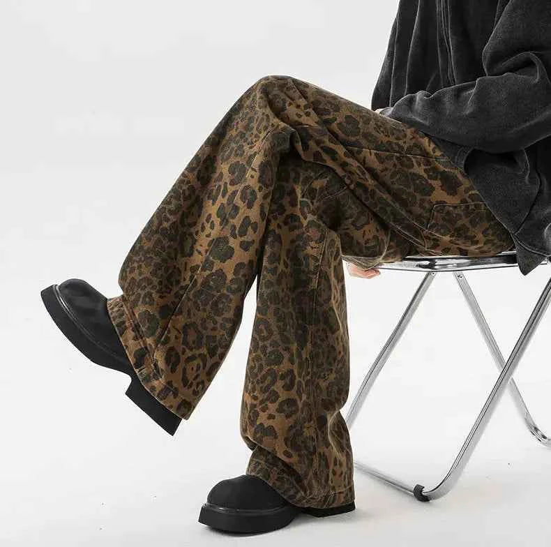 Streetwear Leopard Print Wide Leg Denim Jeans
