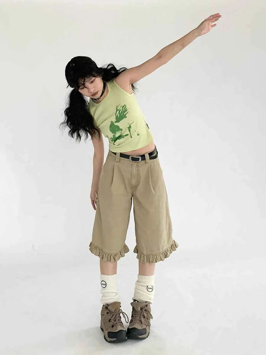 Chic Patchwork Wide Leg Denim Jorts