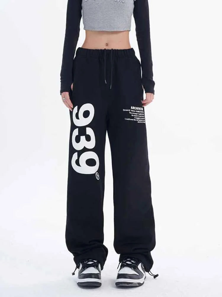 Vintage Black Korean Letter Print Wide Sweatpants