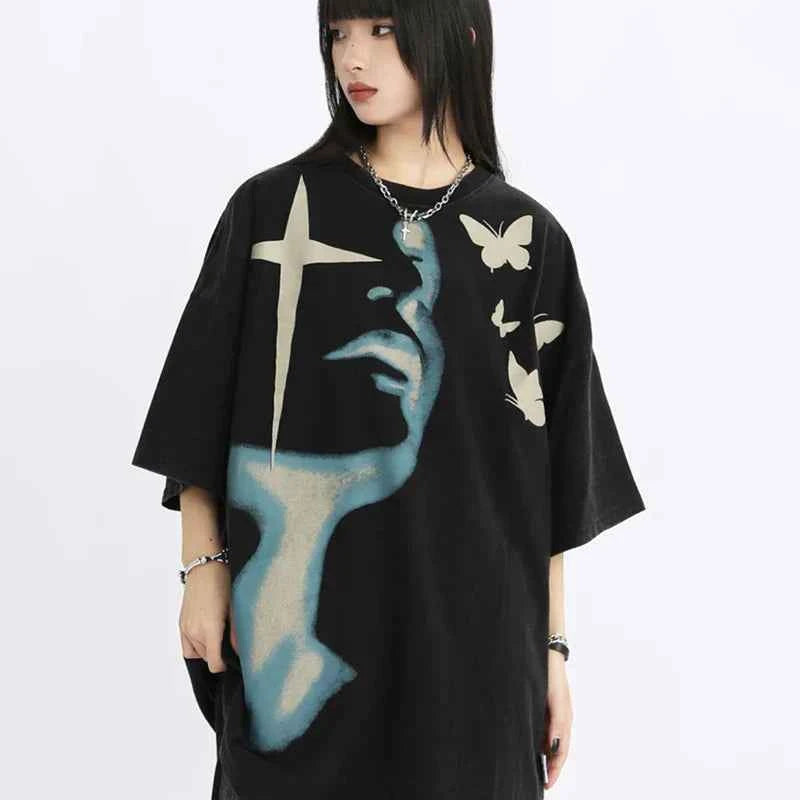 Women Retro American Style Oversized Portrait T-Shirt