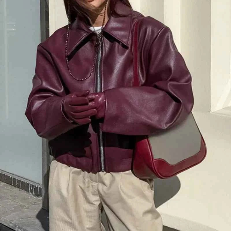Women Retro Motorcycle Style Red Leather Jacket