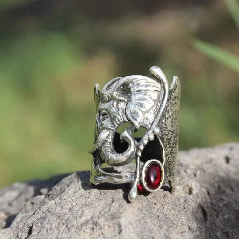 Exaggerated Vintage African Elephant Red Stone Rings