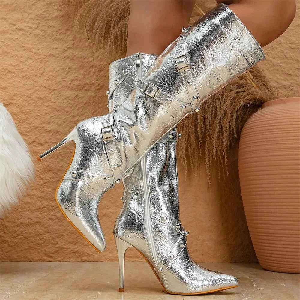 Rivet Thin High Heel Knee Zipper Boots