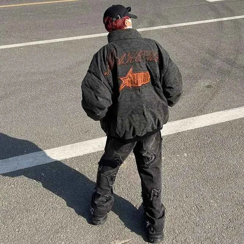 Embroidered Neutral Vintage Style Puffer Jacket
