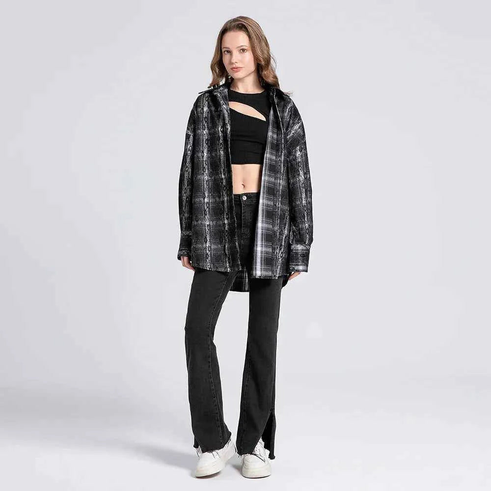 Women Retro Plaid Overshirt Long Sleeve Shirt