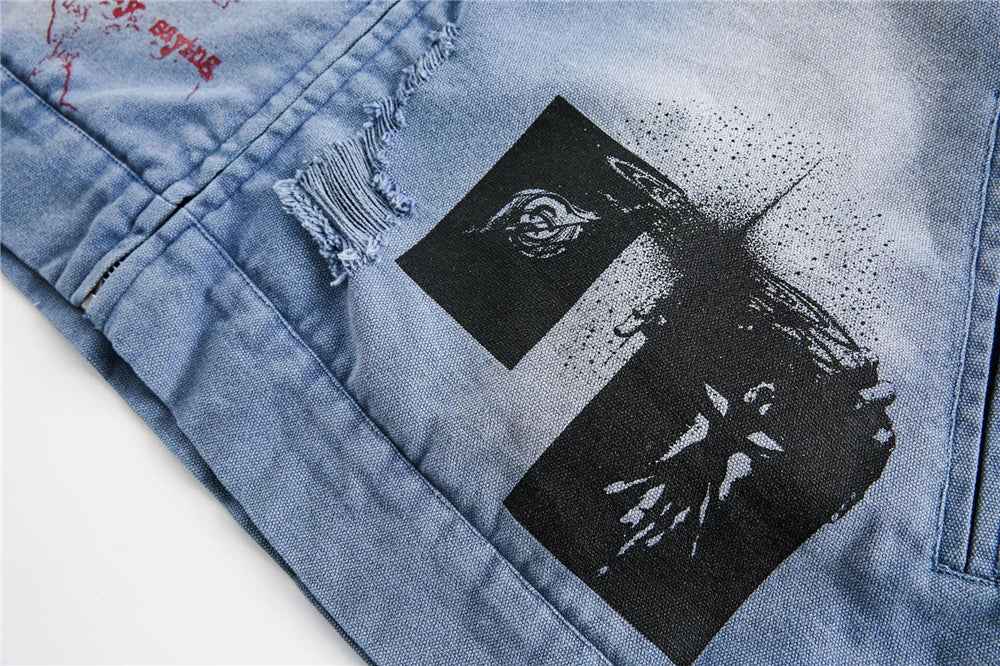 Trendy Streetwear Blue Distressed Denim Jacket